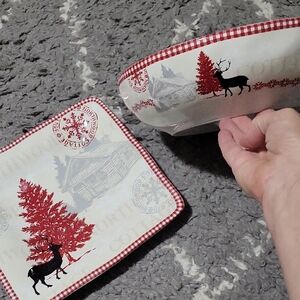 222 Fifth, Northwood Cottage.Festive Red Deer and Tree Holiday Plate And BowlSet